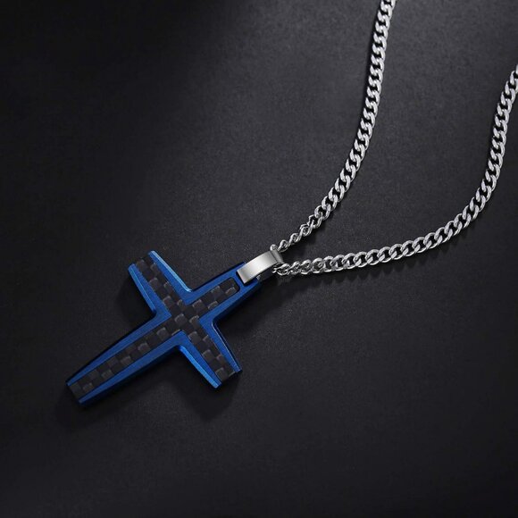 Men's Two-Tone Black & Blue Stainless Steel Carbon Fiber Cross Necklace - Picture 3 of 7
